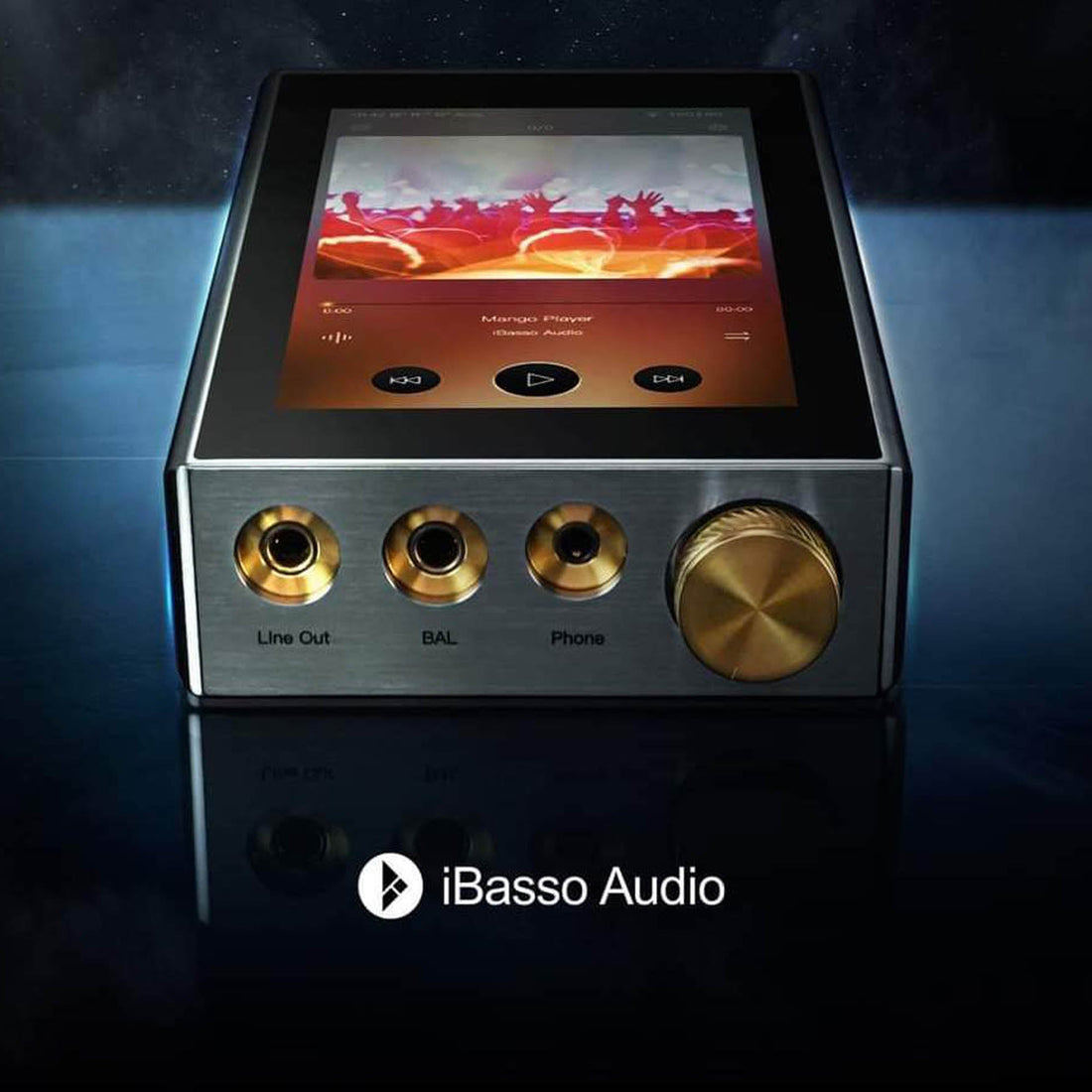 iBasso DX300 MAX with silver finish and gold accents and Mango player on screen