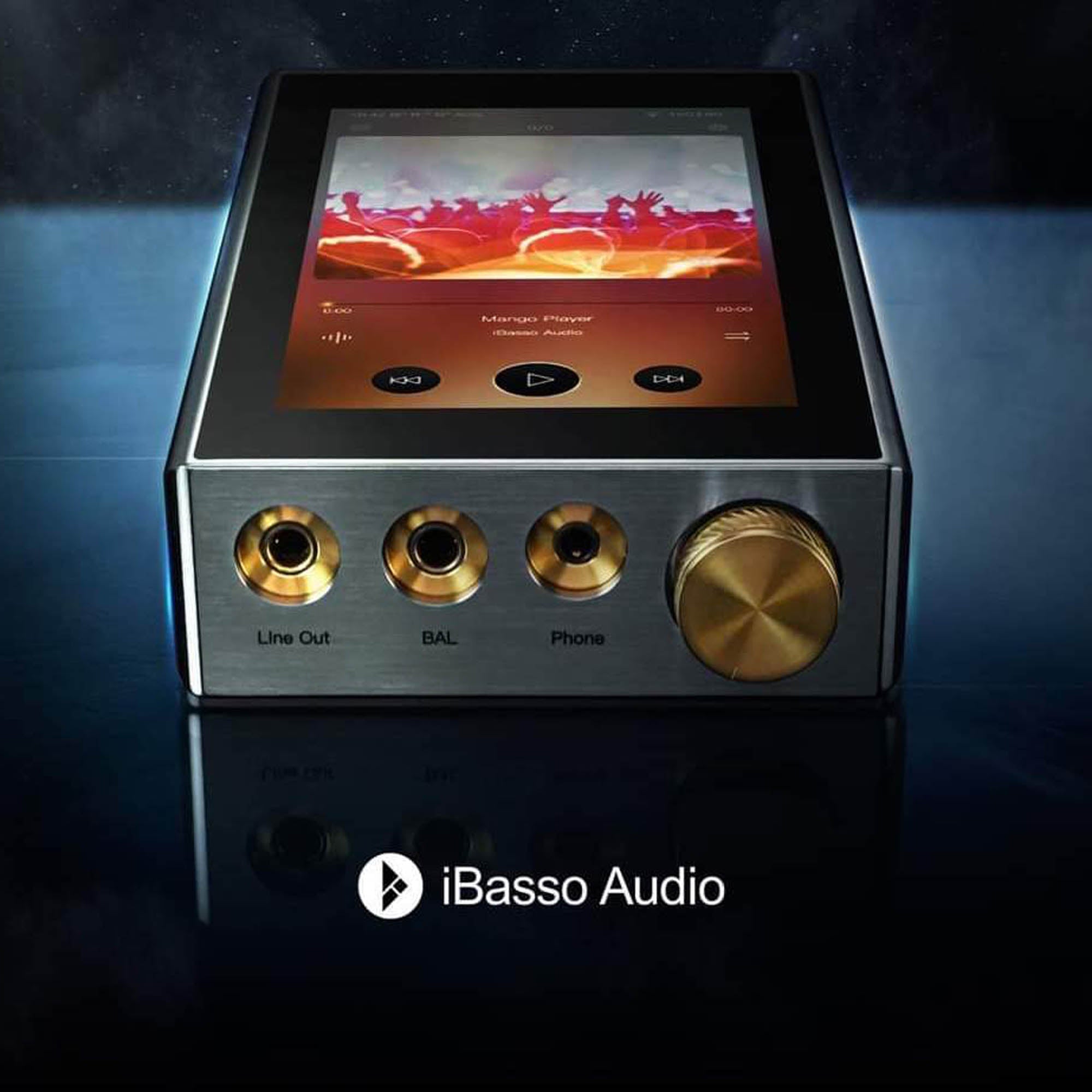 iBasso DX300 MAX with silver finish and gold accents and Mango player on screen
