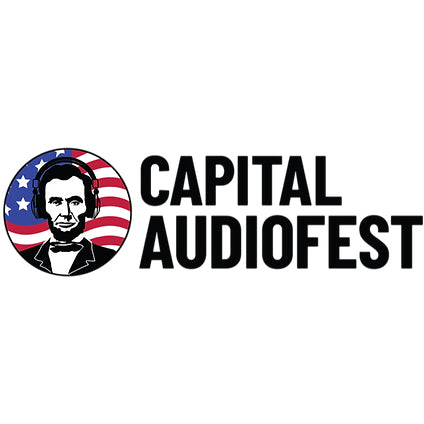 Capital Audiofest logo with Abraham Lincoln wearing headphones in front of American flag