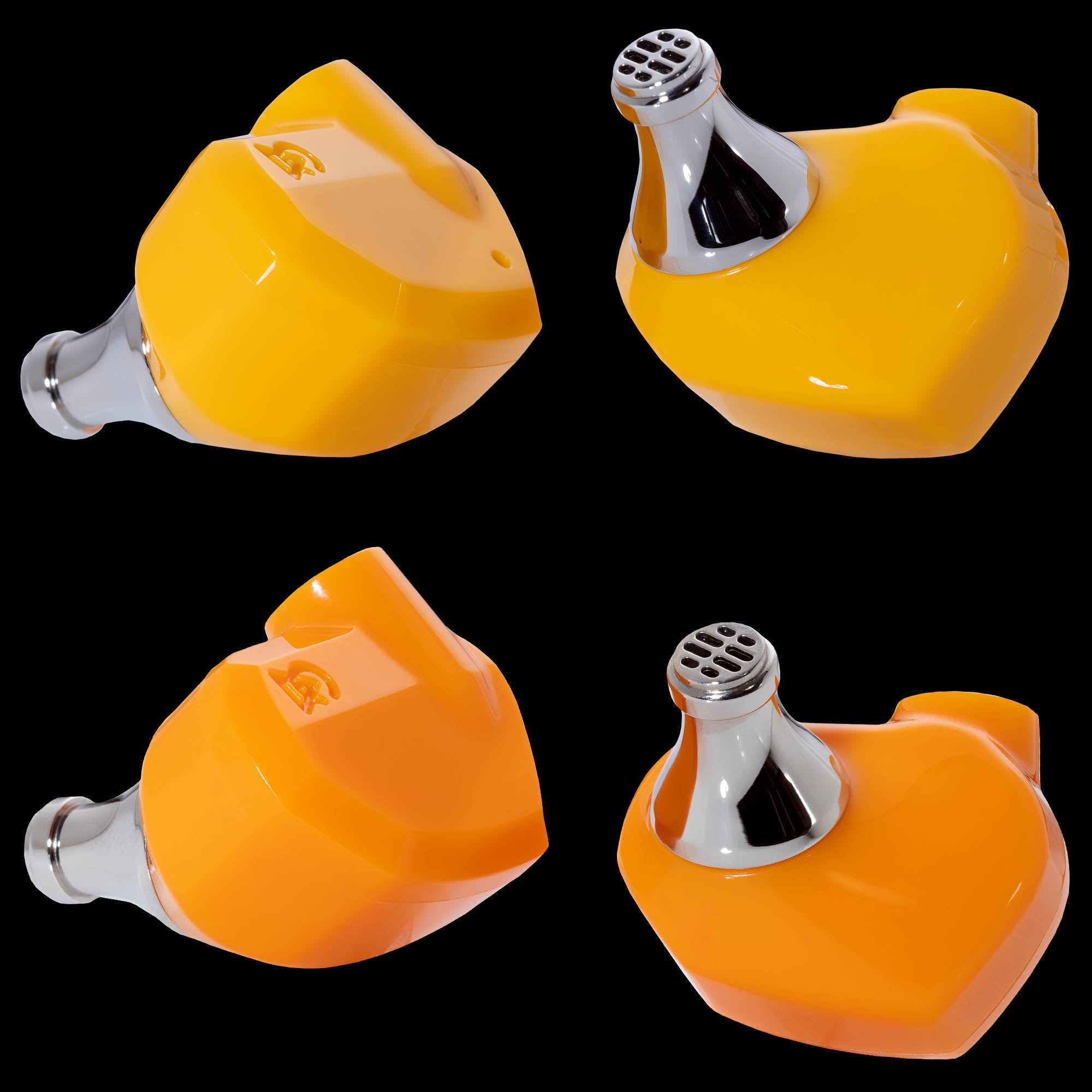 A quad of candy orange and yellow Campfire Audio in ear monitors