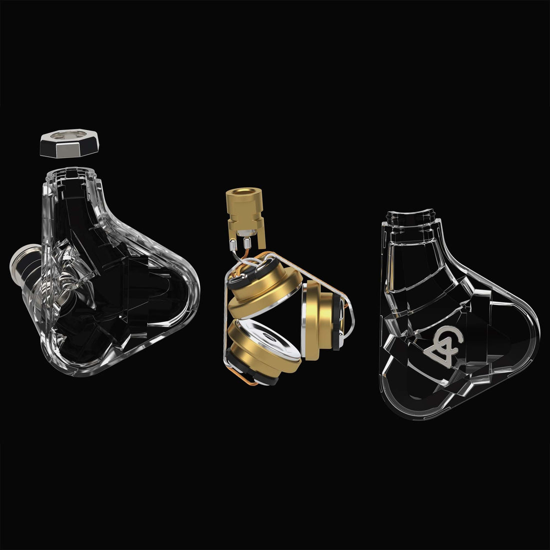 Exploded view of Campfire Trifecta in ear monitor shell