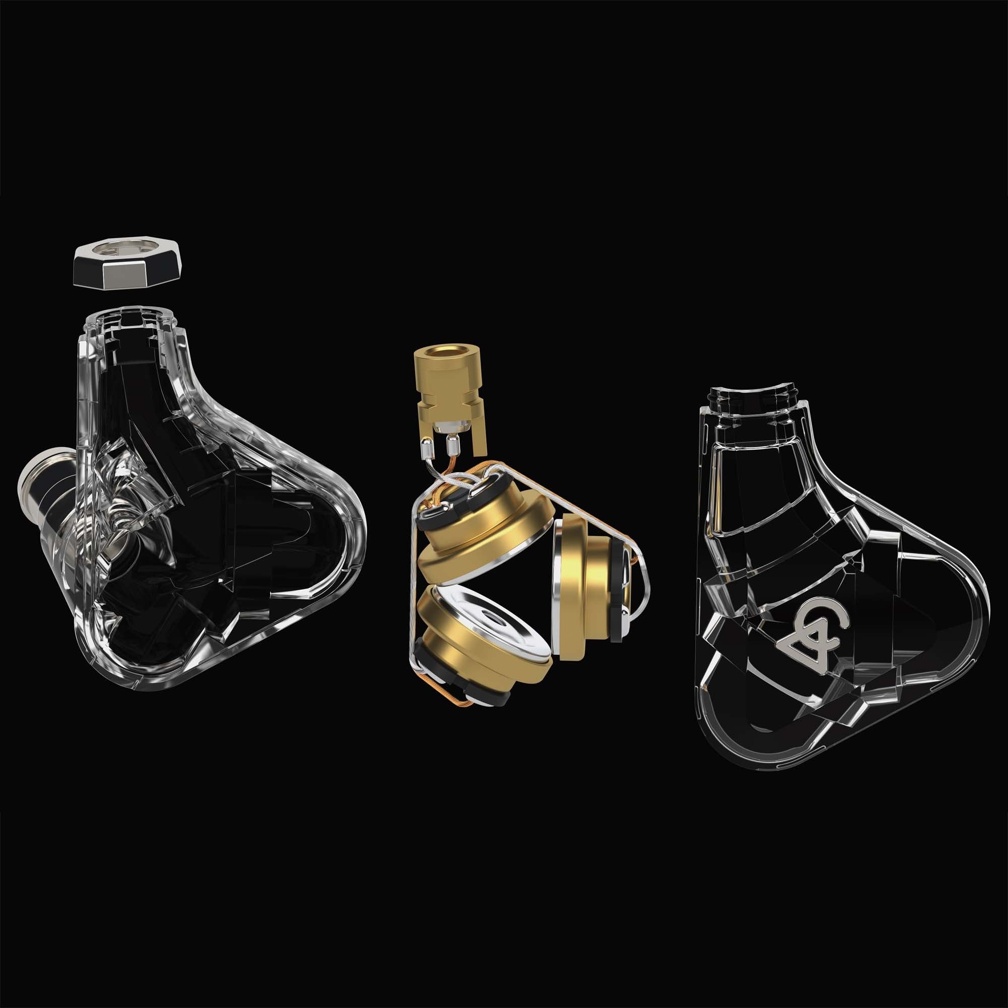 Exploded view of Campfire Trifecta in ear monitor shell