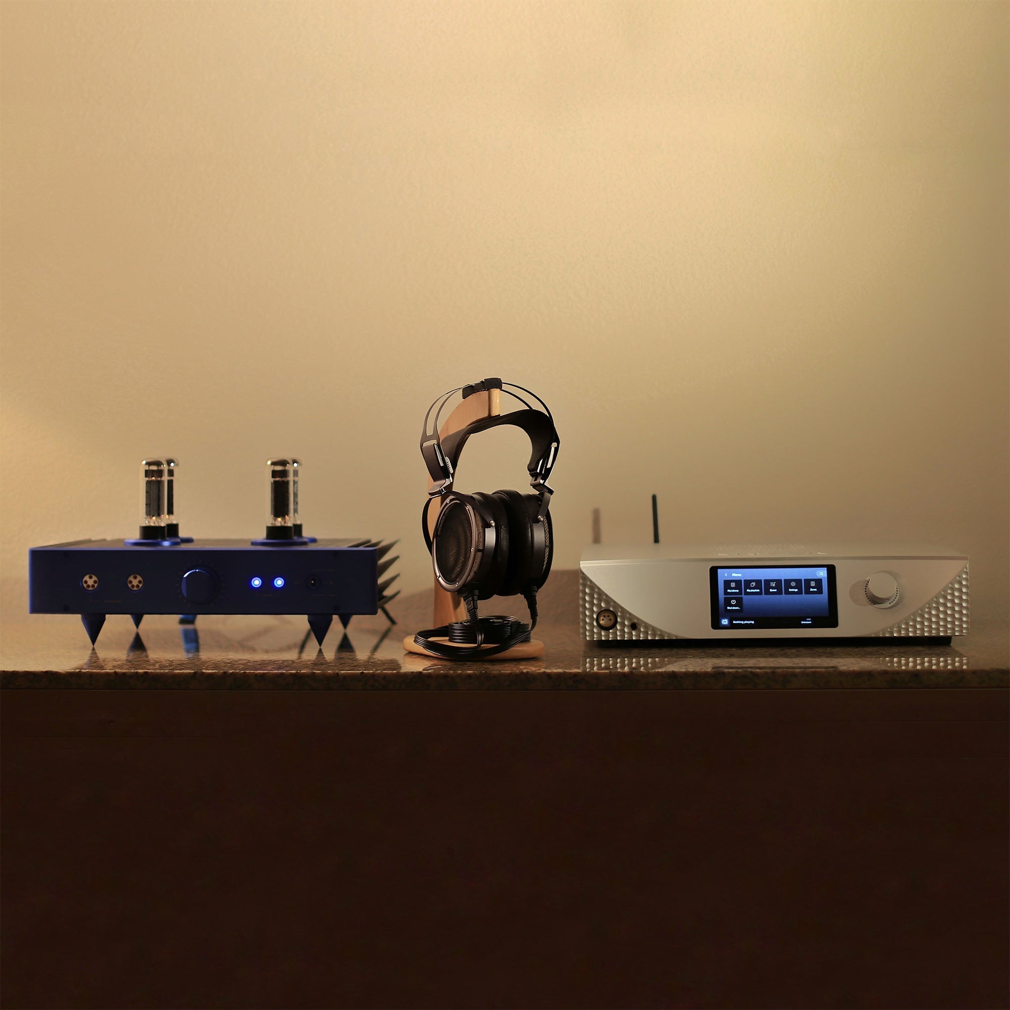 HeadAmp Blue Hawaii SE with STAX SR-X9000 headphone and silver Mytek Empire streamer on wood furniture