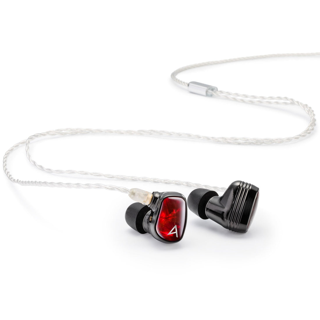 Astell&Kern Solaris X in ear monitors in black with ruby red faceplate and a silver cable