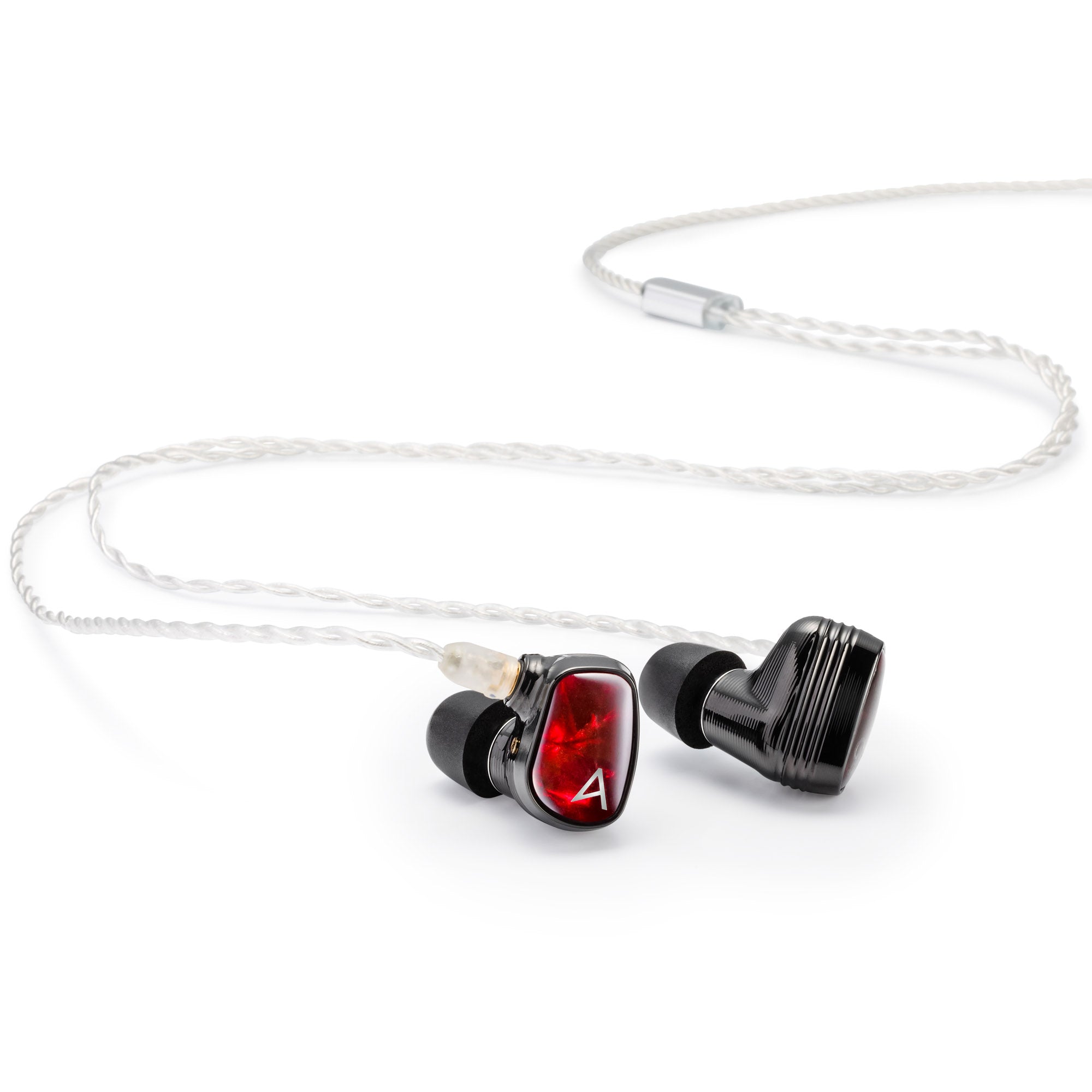 Astell&Kern Solaris X in ear monitors in black with ruby red faceplate and a silver cable