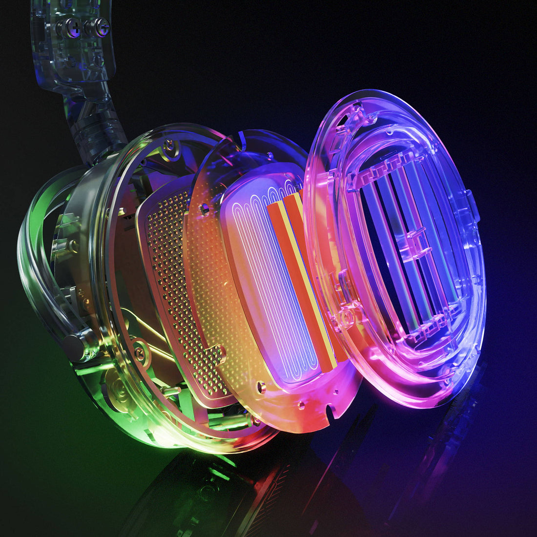 Rainbow colored exploded view of Audeze headphone assembly on dark reflective background