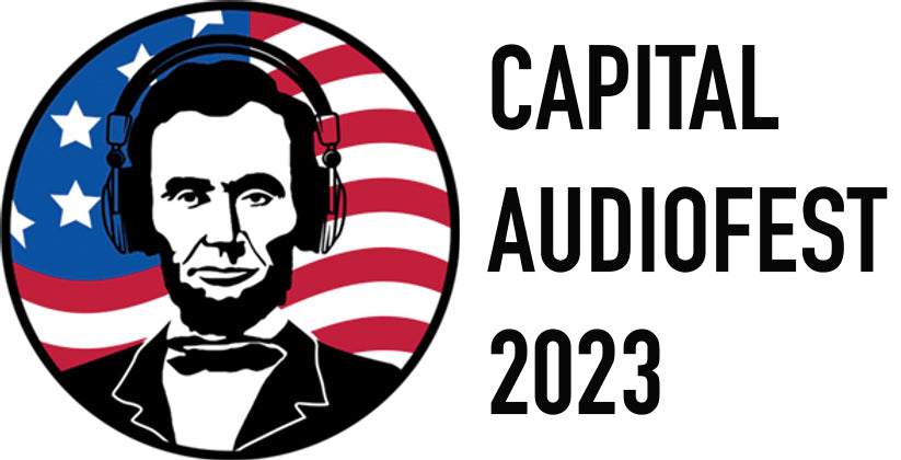 Capital Audiofest 2023 logo with Abraham Lincoln wearing headphones in front of American flag