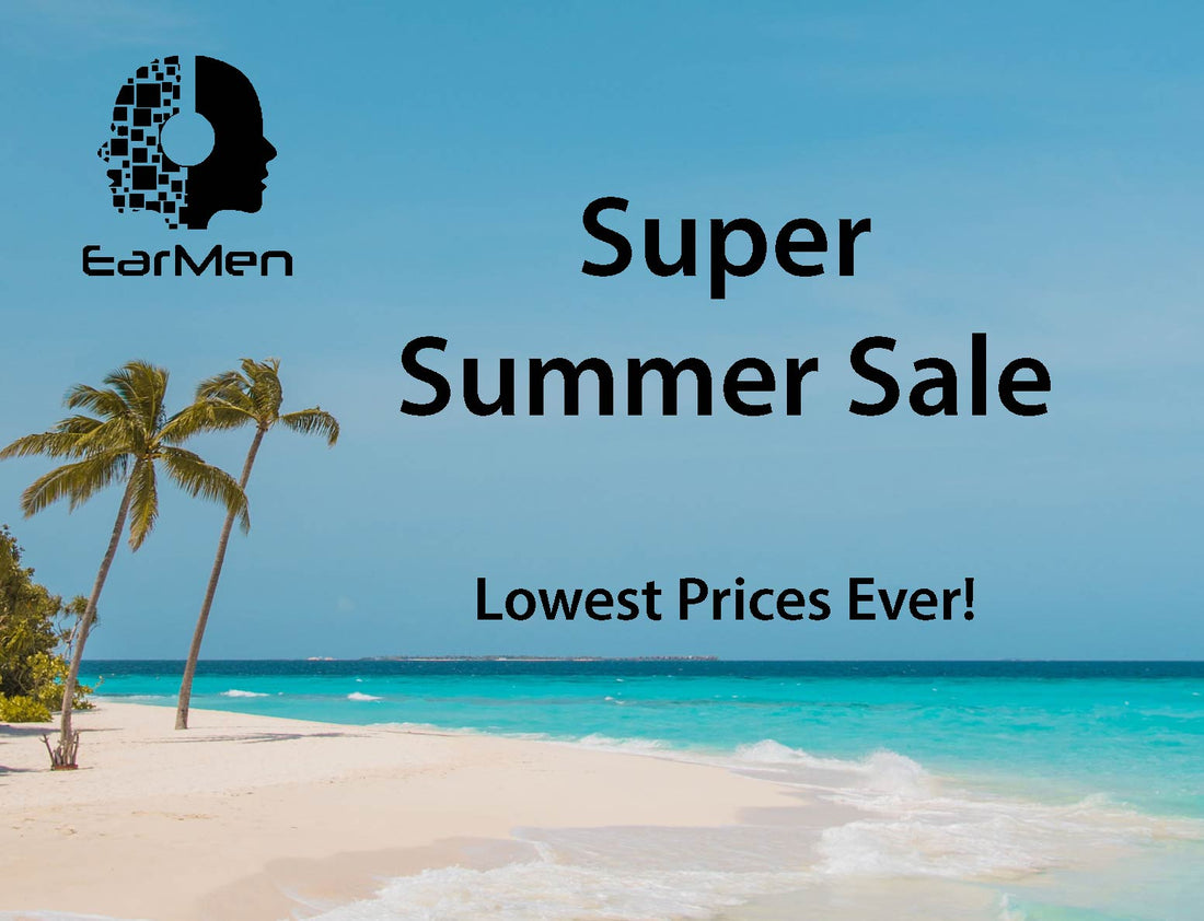 EarMen Super Summer Sale banner displayed on desolate tropical beach background