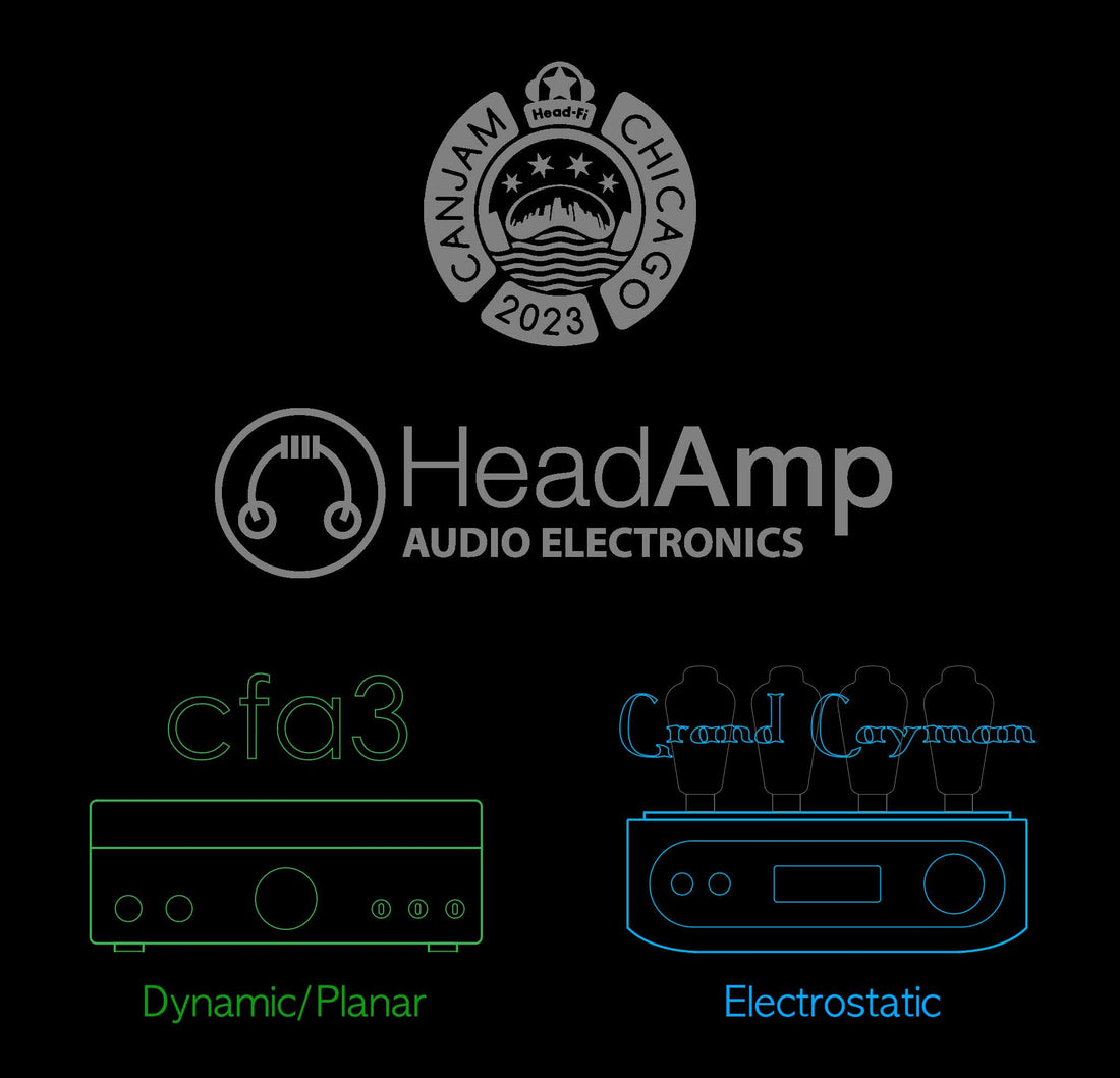 CanJam Chicago 2023 logo and neon green and blue outlines of HeadAmp cfa3 and Grand Cayman amplifiers