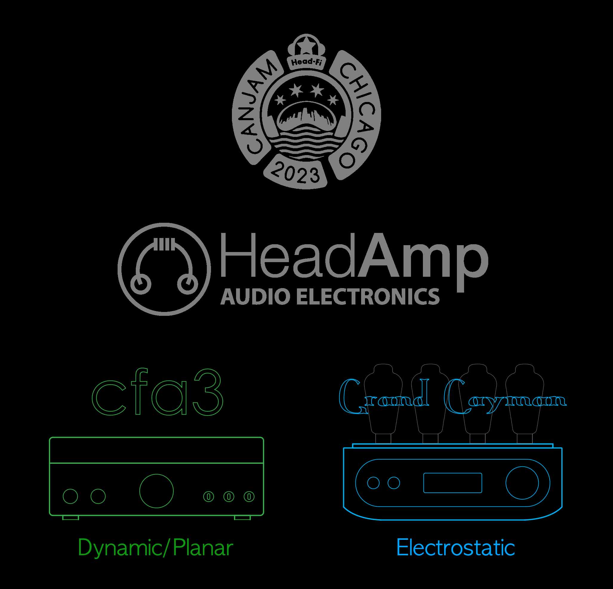 CanJam Chicago 2023 logo and neon green and blue outlines of HeadAmp cfa3 and Grand Cayman amplifiers