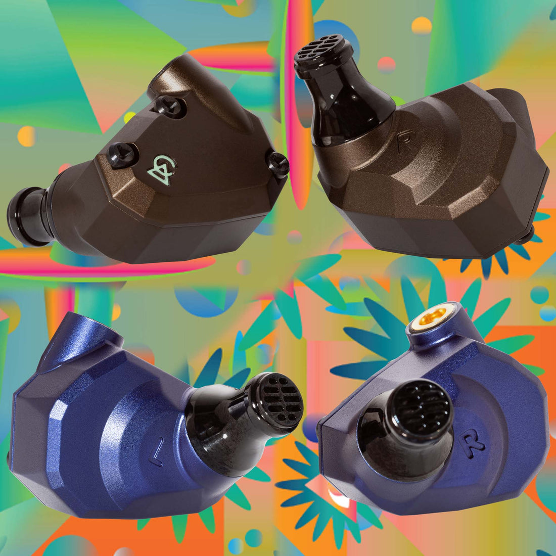 Four Campfire Audio in ear monitors in front of colorful modern artwork