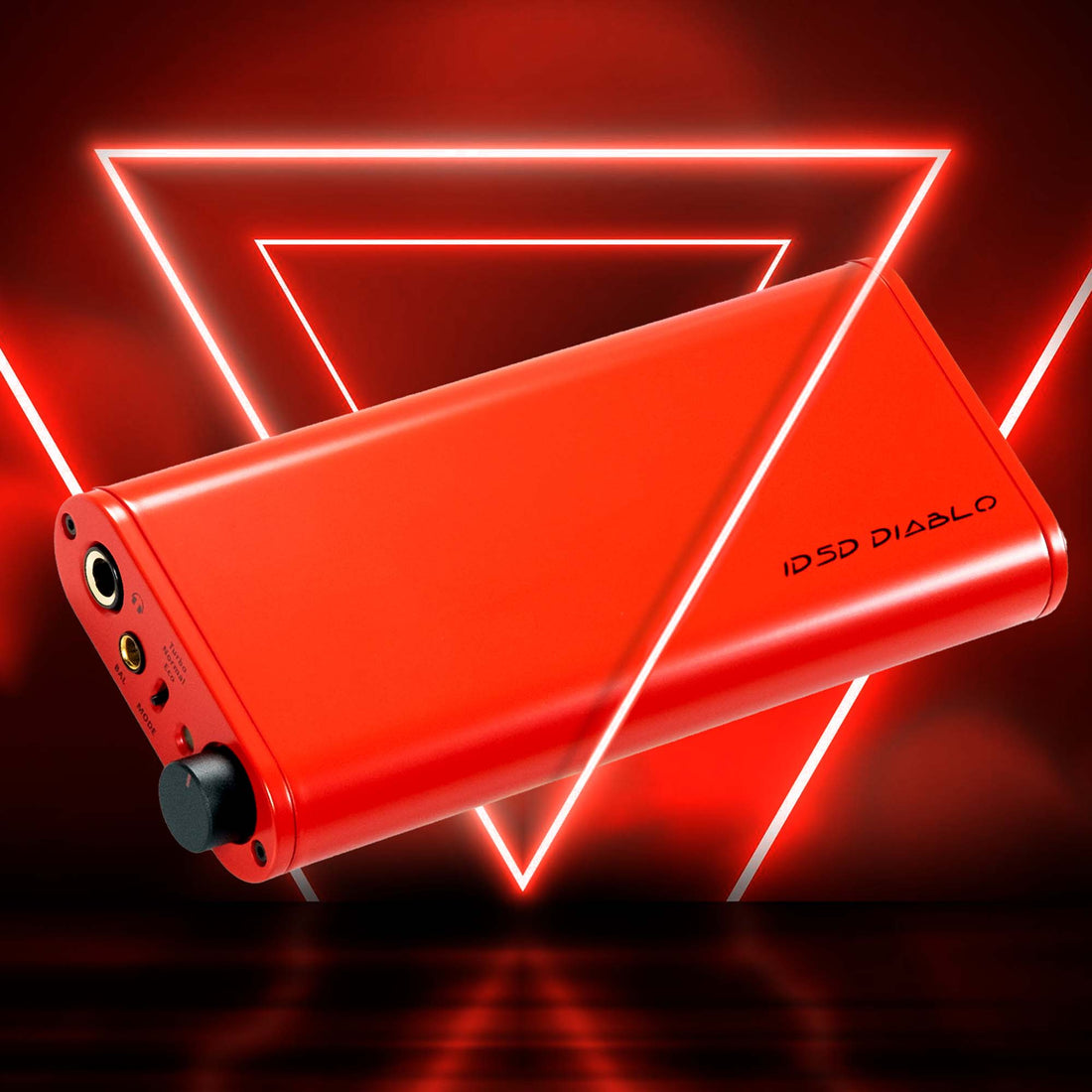 A red iFi iDSD Diablo portable DAC/Amp in front of a 1980s neon background