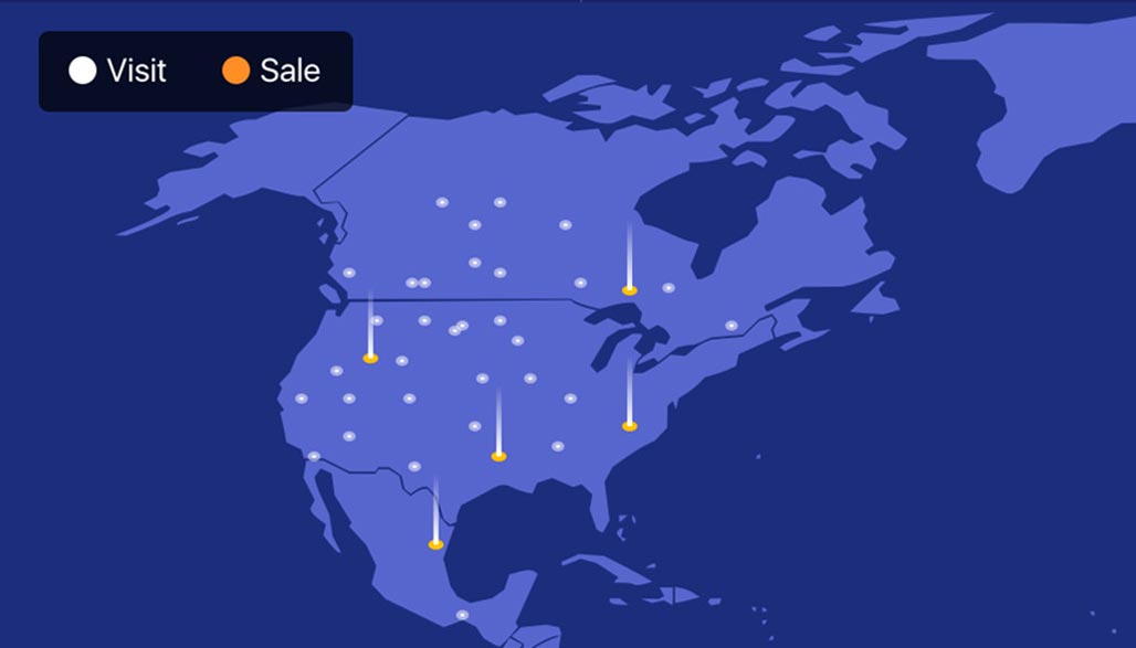 Map showing North America with glowing dots representing a visitor to the web site