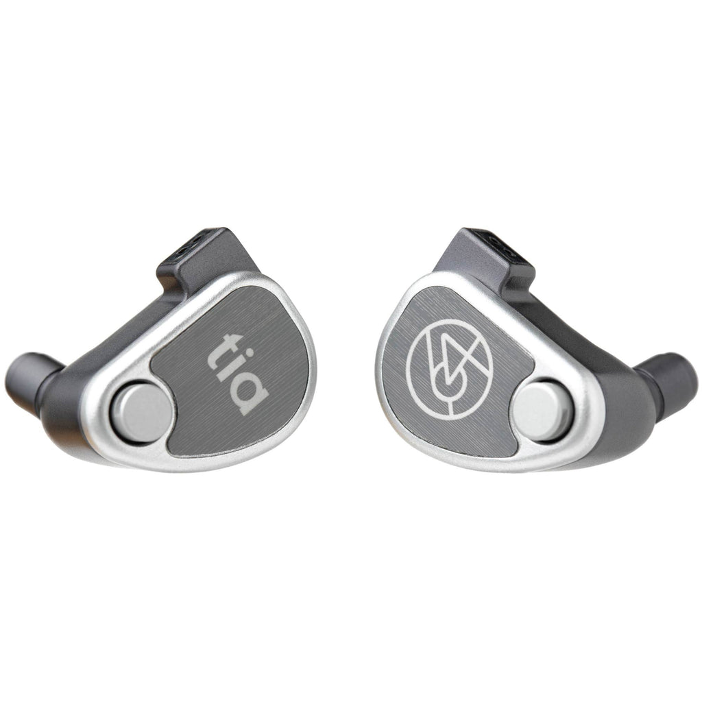 Close-up of 64 Audio U12t IEM premium in-ear monitors with metal accents and logo designs on a white background