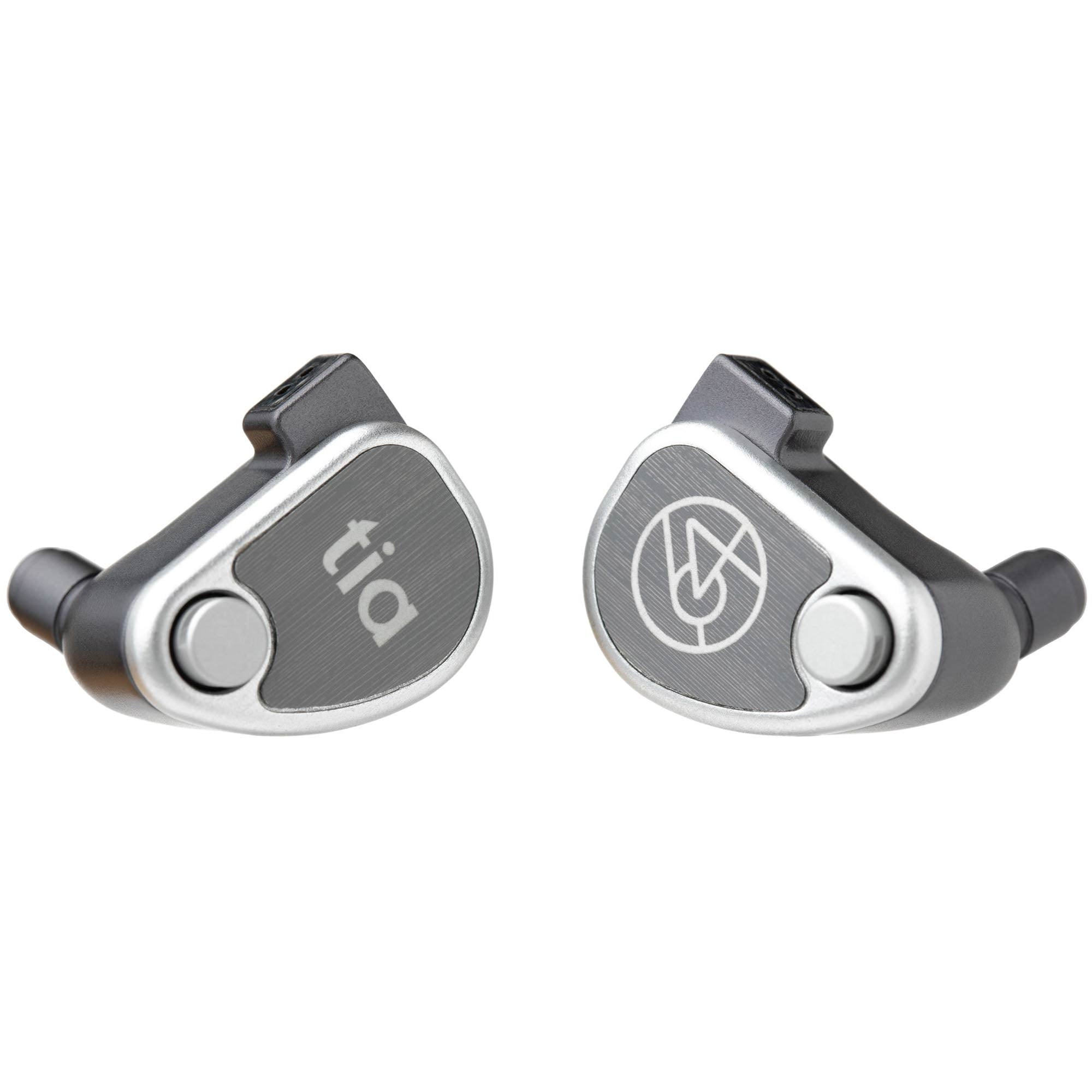 Close-up of 64 Audio U12t IEM premium in-ear monitors with metal accents and logo designs on a white background