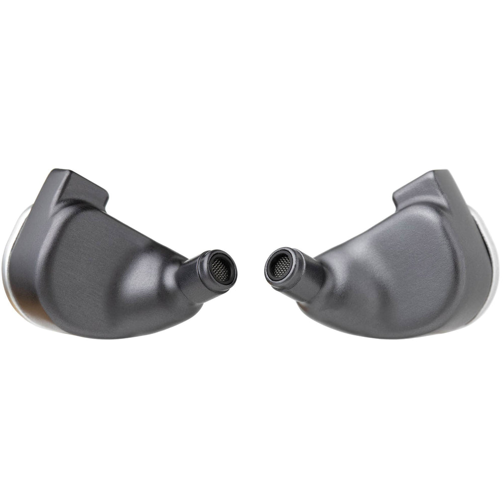64 Audio U12t IEM close-up showing black ergonomic in-ear monitors with nozzle mesh on white background