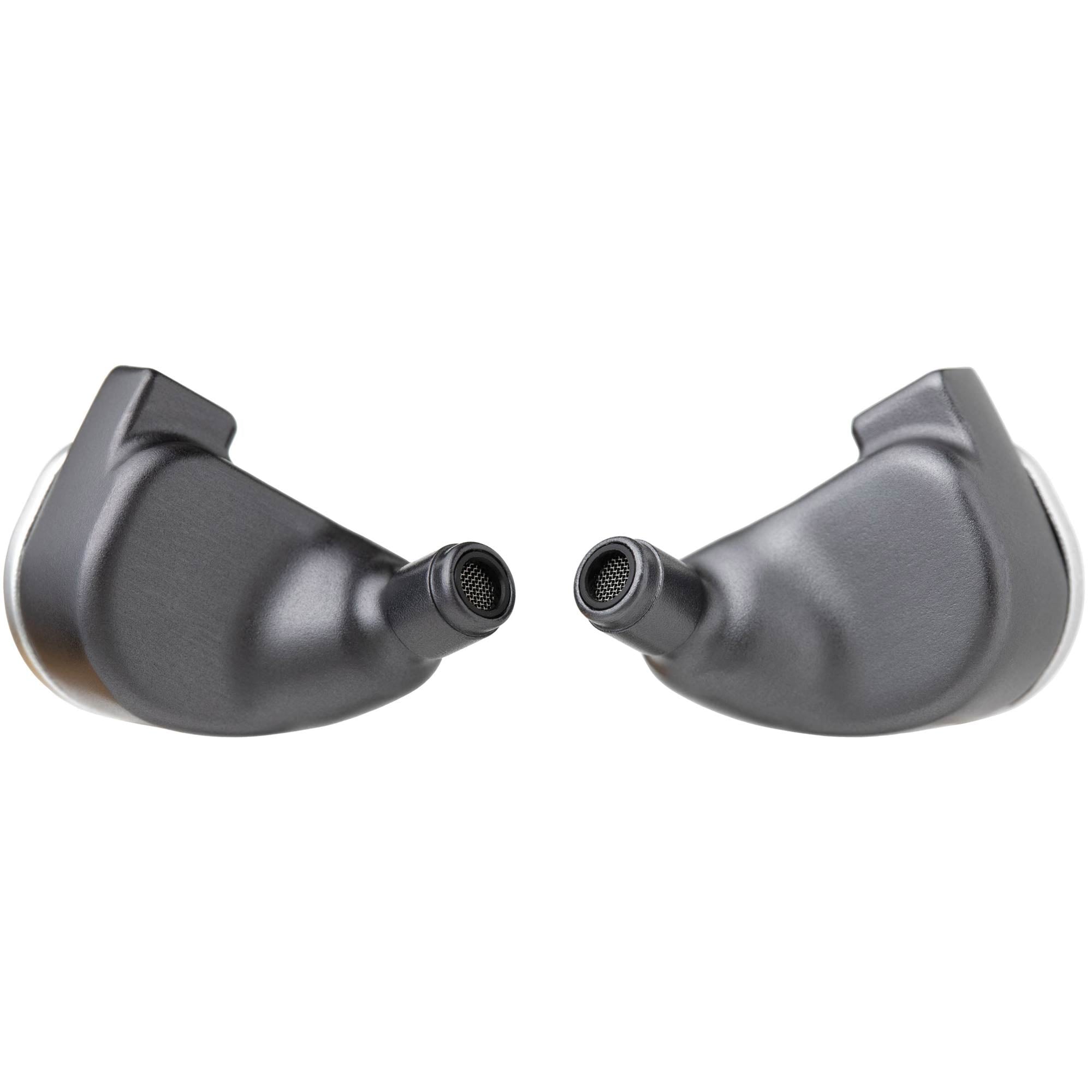 64 Audio U12t IEM close-up showing black ergonomic in-ear monitors with nozzle mesh on white background