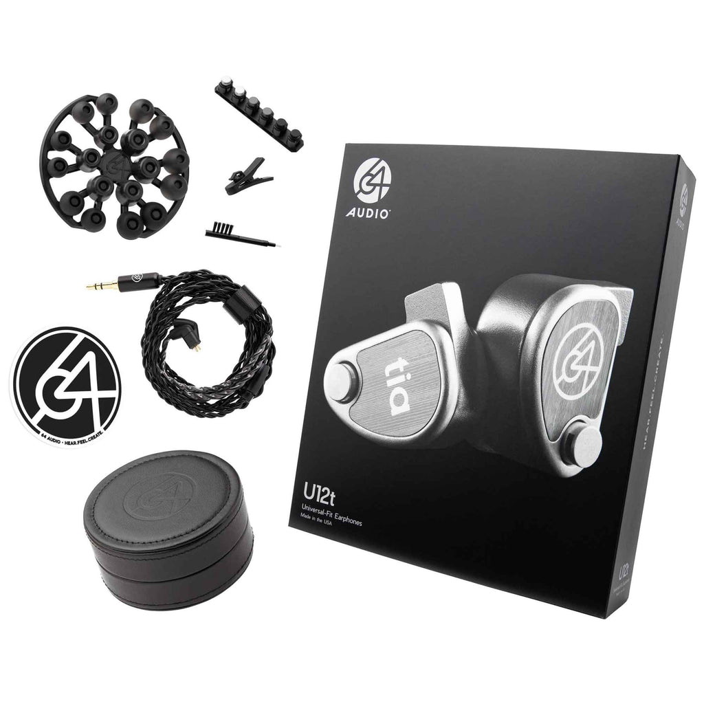 64 Audio U12t IEM with braided cable, multiple ear tips, cleaning brush, and protective round carrying case on white background