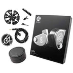 64 Audio U12t IEM with braided cable, multiple ear tips, cleaning brush, and protective round carrying case on white background