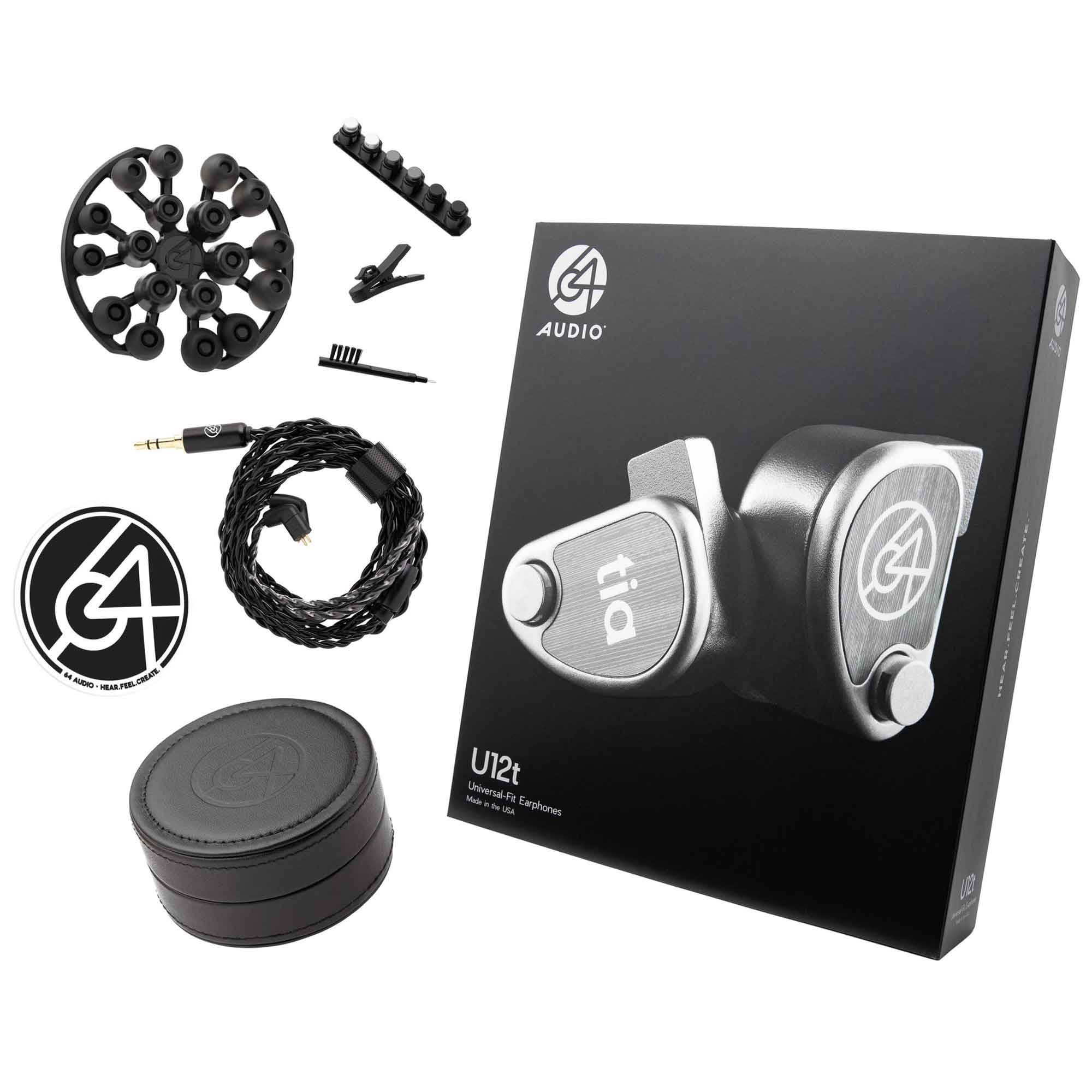 64 Audio U12t IEM with braided cable, multiple ear tips, cleaning brush, and protective round carrying case on white background