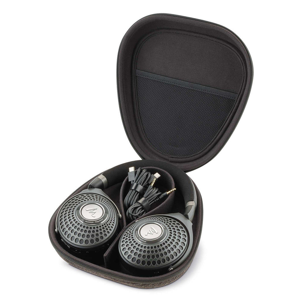 Focal Bathys Wireless Closed-Back Headphones in black case with cables neatly coiled inside protective carrying pouch