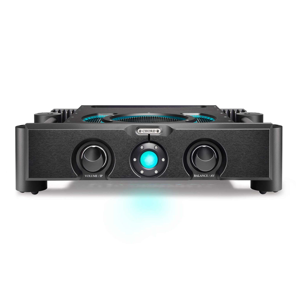Front view of Chord ULTIMA PRE 3 preamplifier with volume, balance knobs, and glowing blue center button on white background