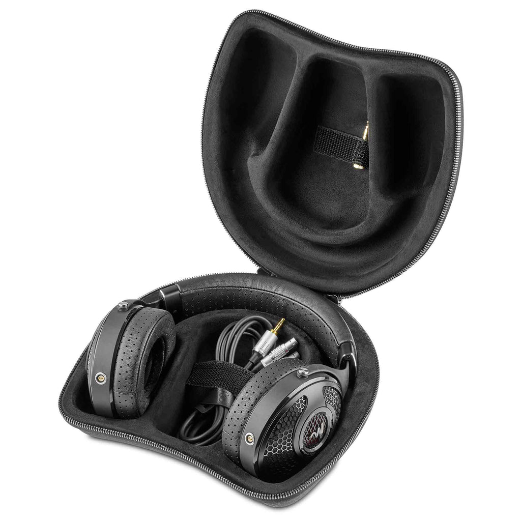 Focal Utopia 2022 open back headphones neatly stored in a protective black carrying case with cable inside