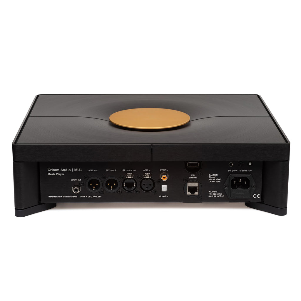 Rear view of Grimm Audio MU1 Streamer Roon Core showing multiple audio outputs and power input ports