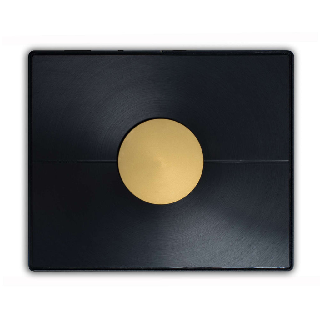 Top view of Grimm Audio MU1 Streamer Roon Core with black finish and central gold control knob