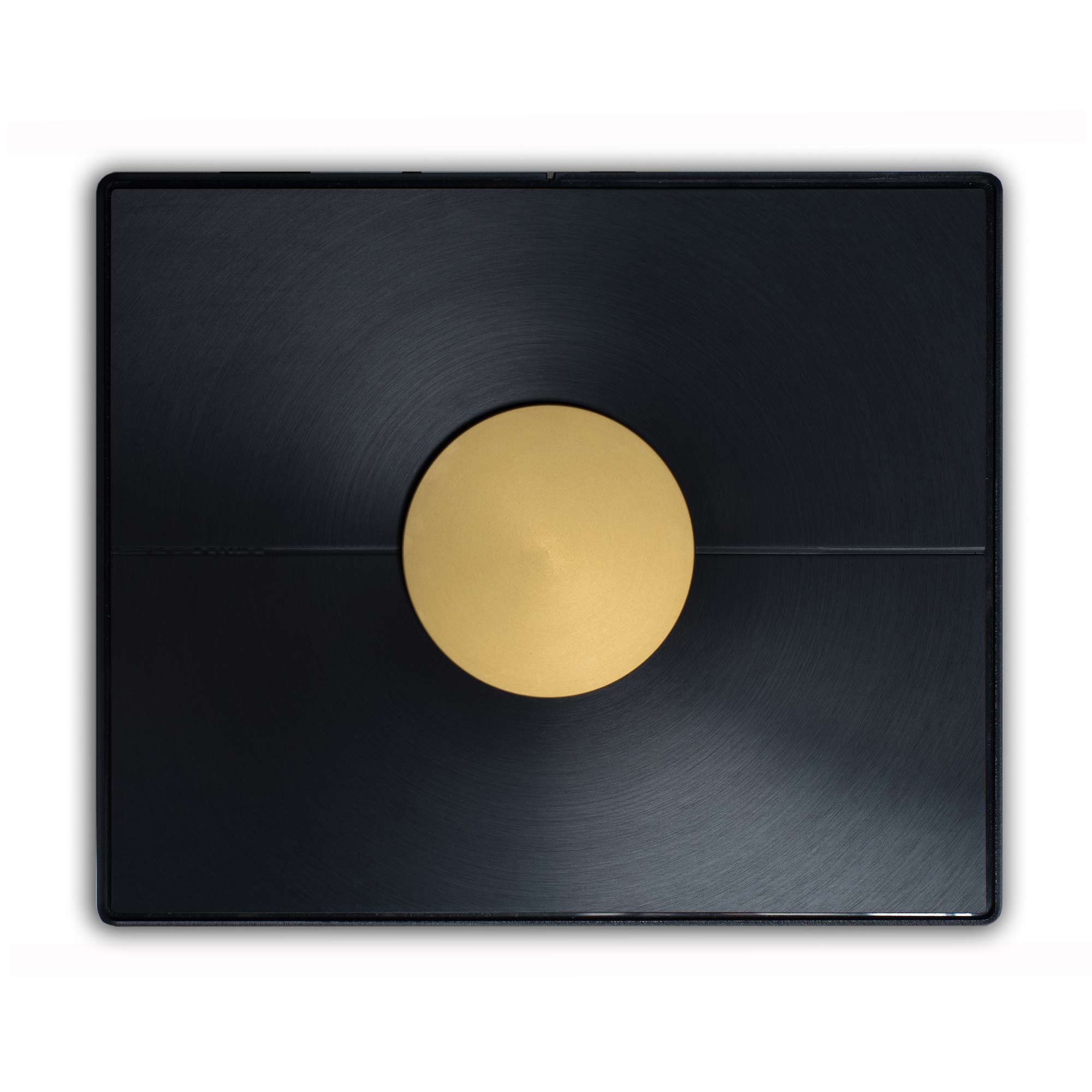 Top view of Grimm Audio MU1 Streamer Roon Core with black finish and central gold control knob