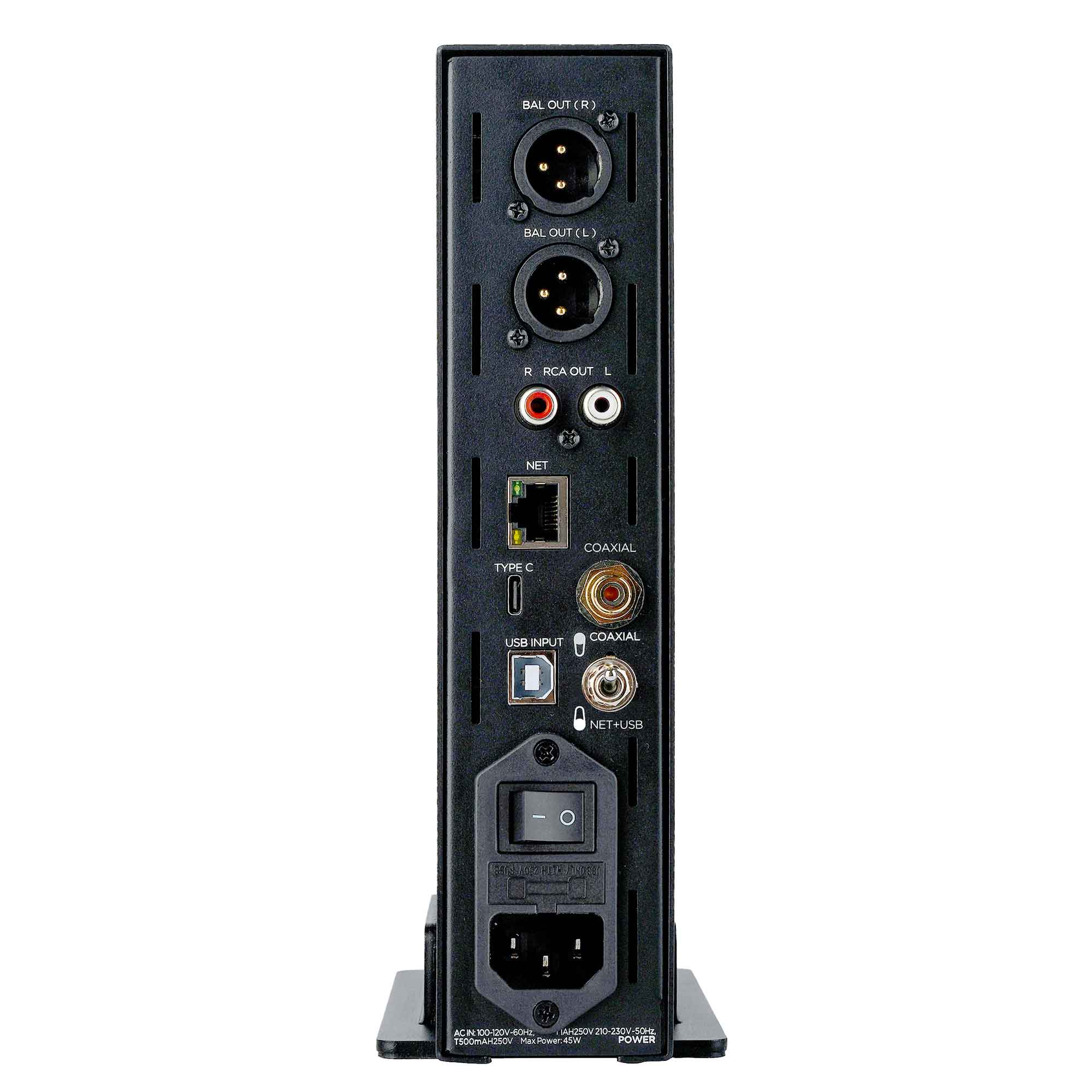 Rear panel view of HIFIMAN EF500 Balanced Desktop DAC/Amplifier showing balanced, RCA, USB, coaxial, and network ports