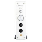 Front view of HIFIMAN EF500 Balanced Desktop DAC/Amplifier with volume knob and headphone outputs on white faceplate