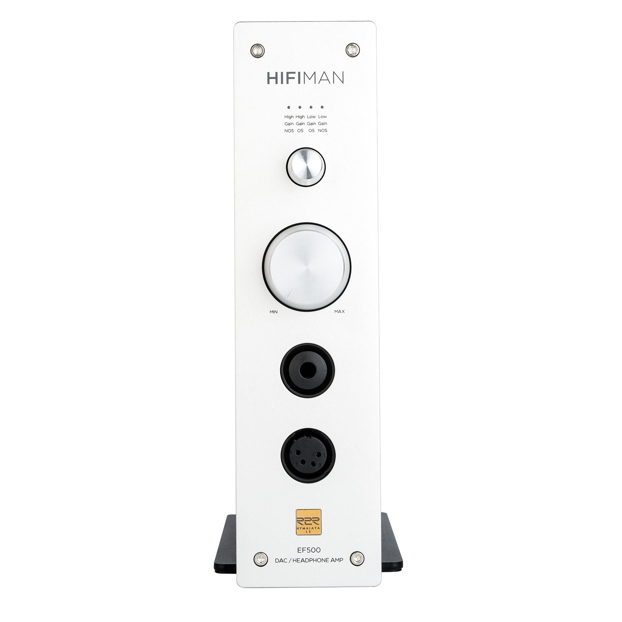 Front view of HIFIMAN EF500 Balanced Desktop DAC/Amplifier with volume knob and headphone outputs on white faceplate