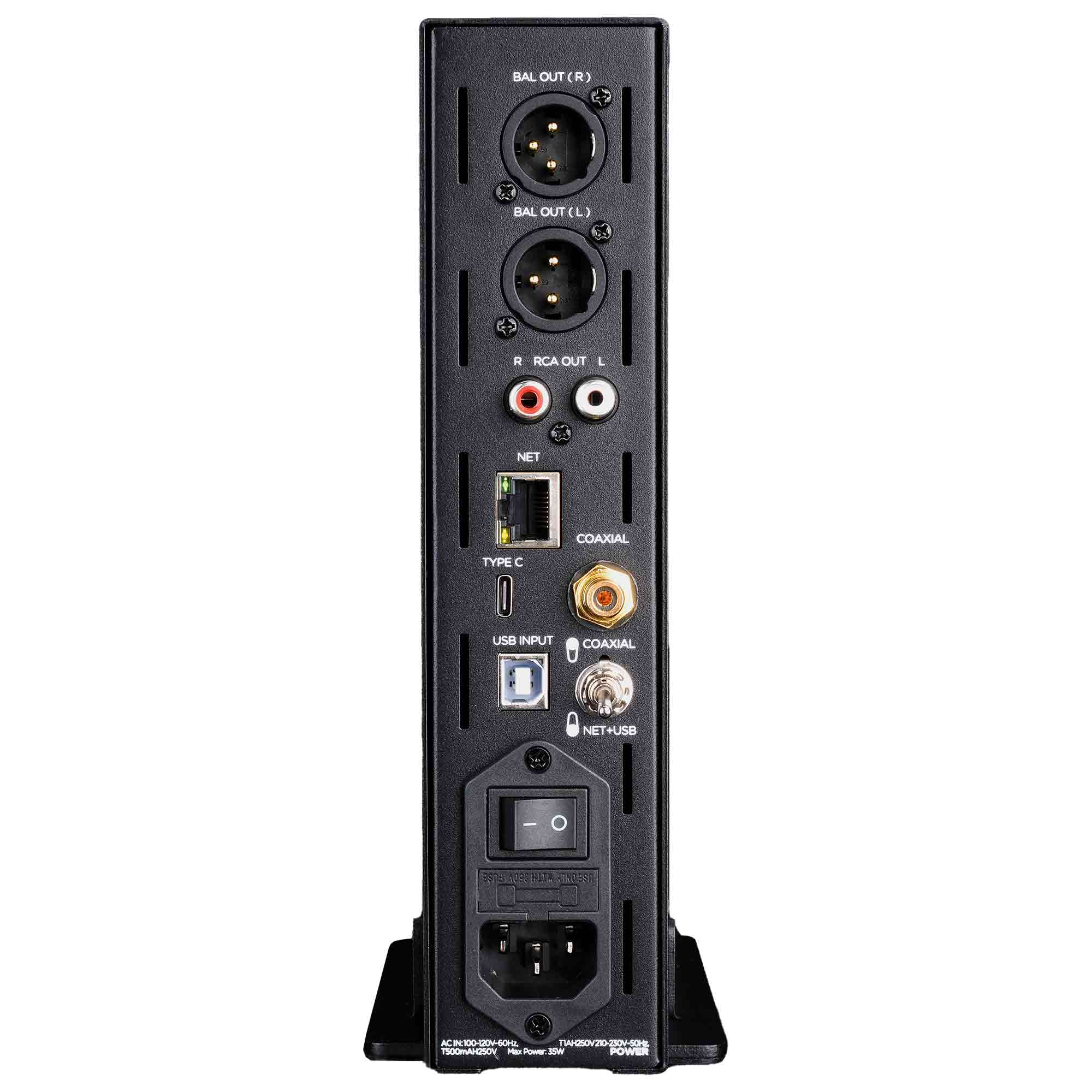 Rear view of HIFIMAN EF499 Balanced Desktop DAC/Amplifier showing multiple balanced and single-ended audio outputs and input ports