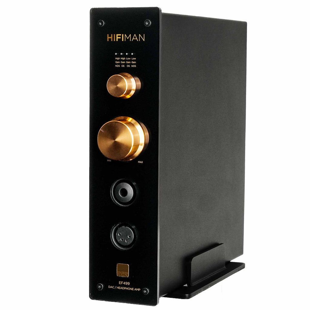 HIFIMAN EF499 Balanced Desktop DAC/Amplifier with gold knobs and multiple headphone output options on black chassis