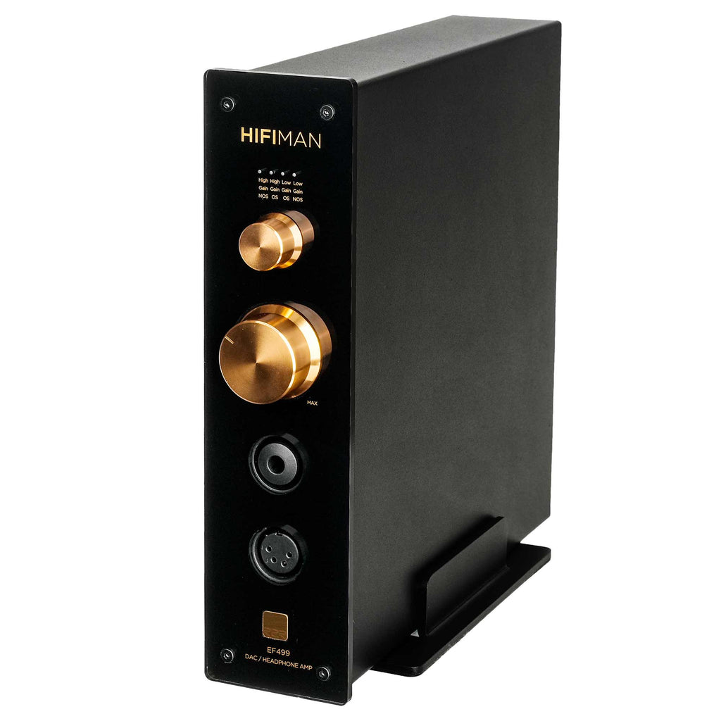 HIFIMAN EF499 Balanced Desktop DAC/Amplifier with gold knobs and headphone outputs on black chassis angled view