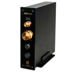HIFIMAN EF499 Balanced Desktop DAC/Amplifier with gold knobs and headphone outputs on black chassis angled view