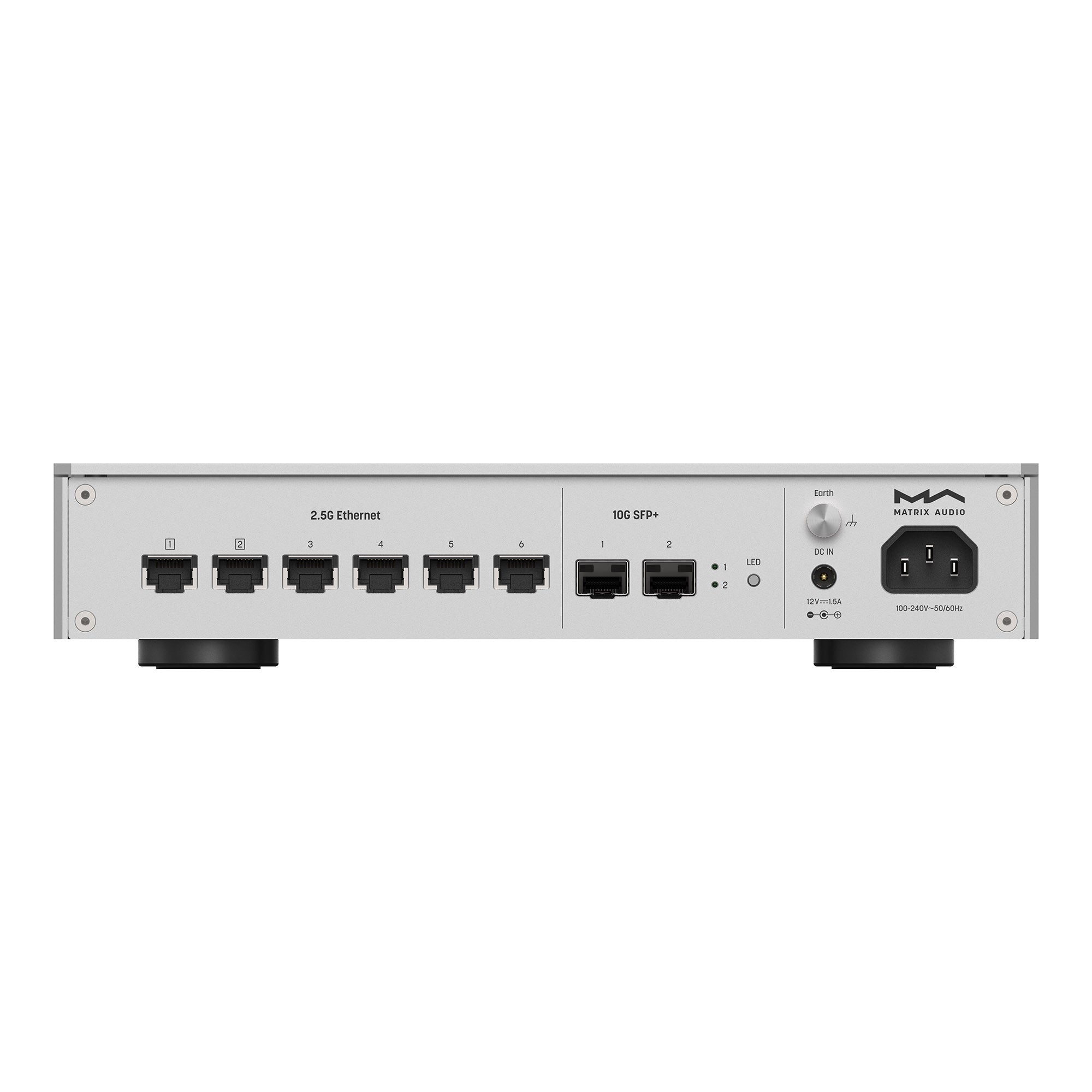 Rear view of Matrix Audio SS-1 Audio Grade Network Switch with multiple Ethernet and SFP+ ports on white background