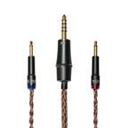 Close-up of Meze 109 Pro Dynamic Open-Back Headphones cable connectors with black and gold accents on white background