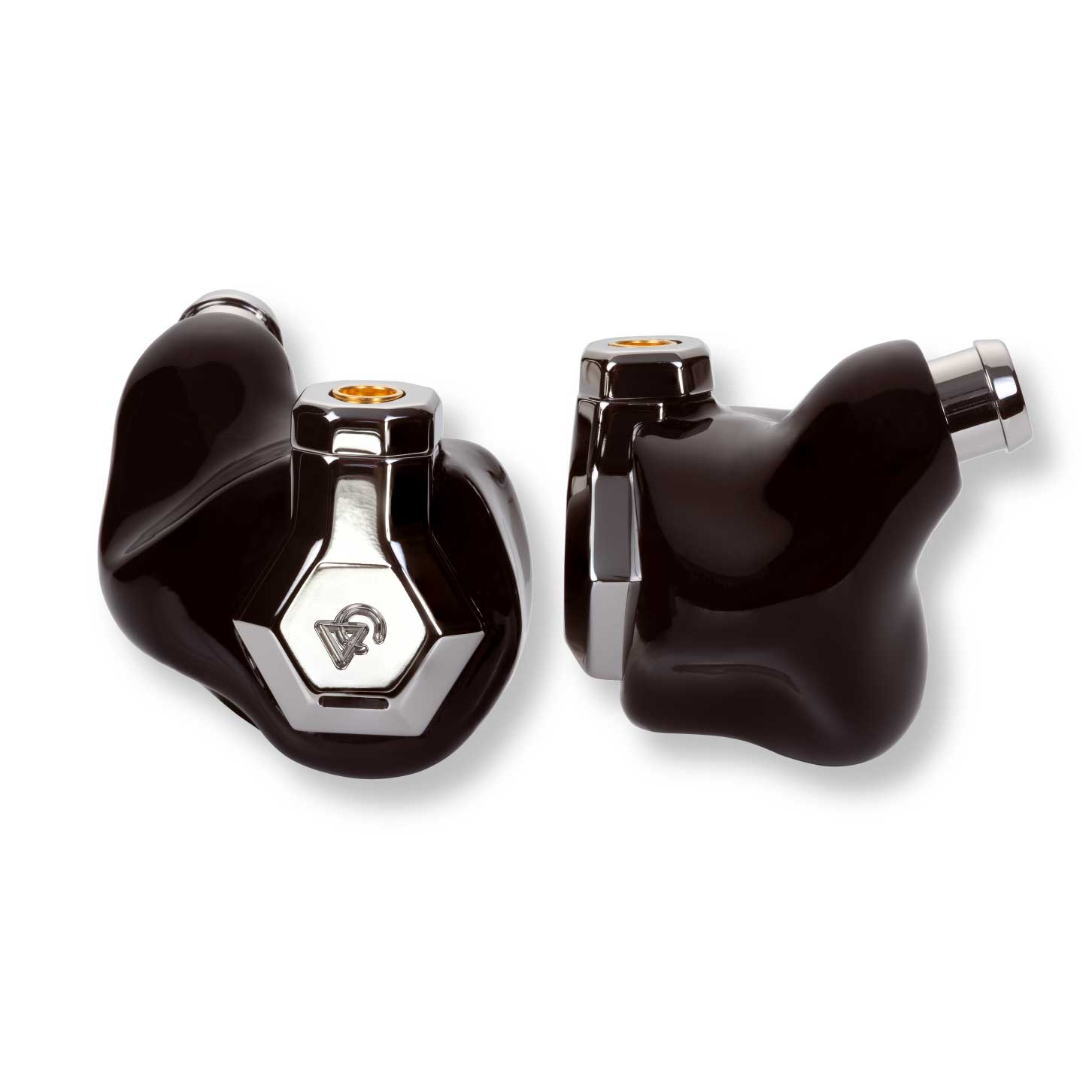 Campfire Ponderosa in-ear monitors with glossy black custom shells and silver hexagonal faceplates on white background
