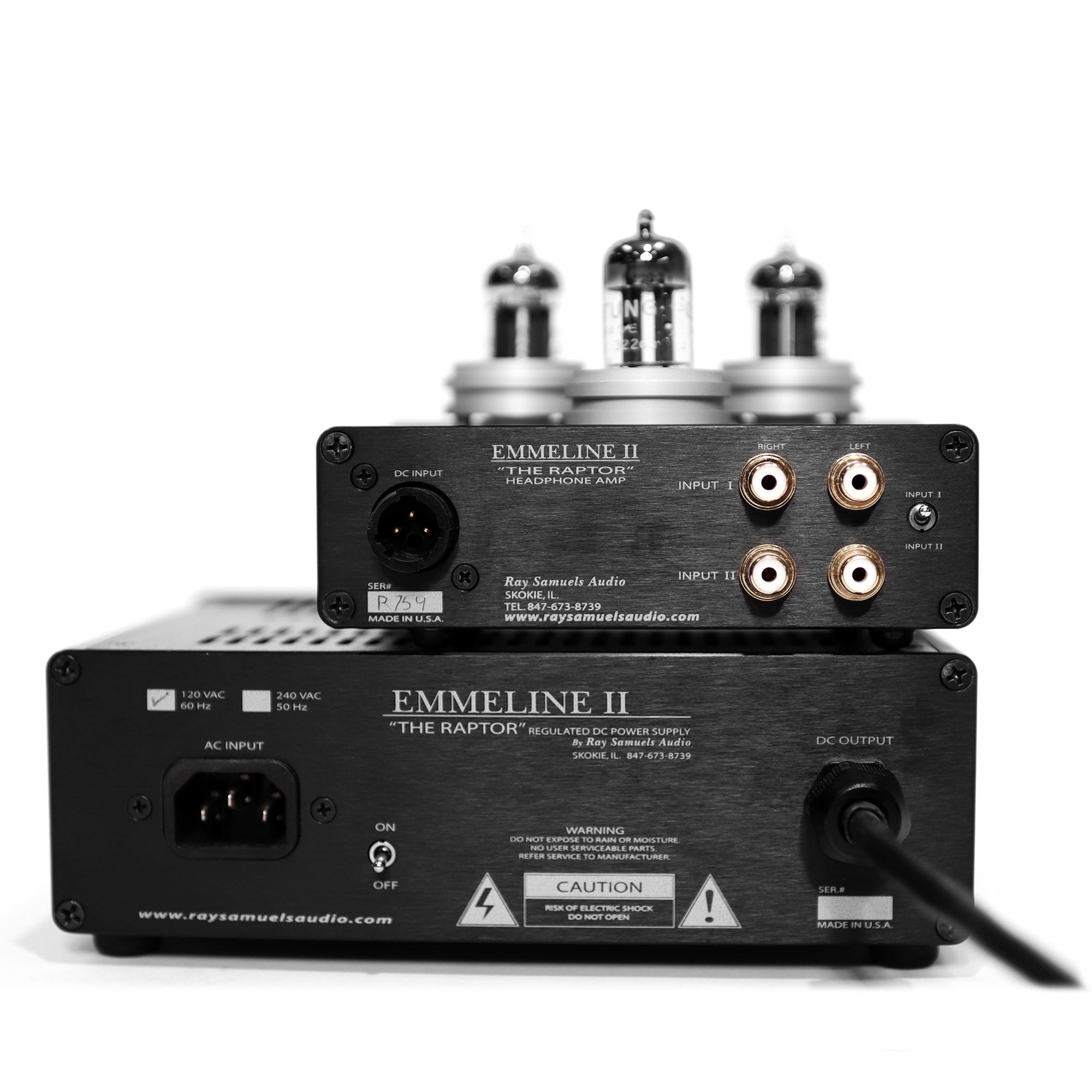Ray Samuels Audio Emmeline II "The Raptor" Tube Headphone Amp (Pre-Owned) with power supply and RCA inputs on white background