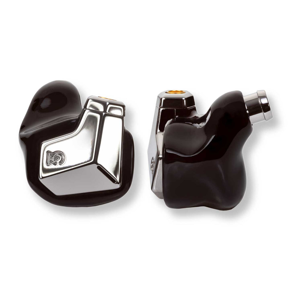 Close-up of Campfire Supermoon in-ear monitors with shiny metallic shells and custom black 3D printed housing on white background