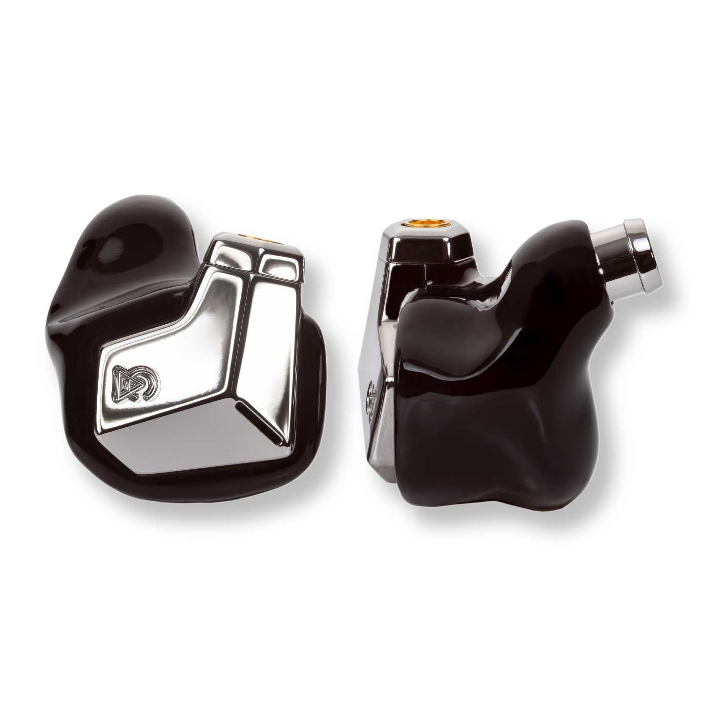 Close-up of Campfire Supermoon in-ear monitors with shiny metallic shells and custom black 3D printed housing on white background