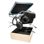 Abyss AB-1266 Phi TC open back headphones with cables and carrying case displayed above a wooden presentation box on white background