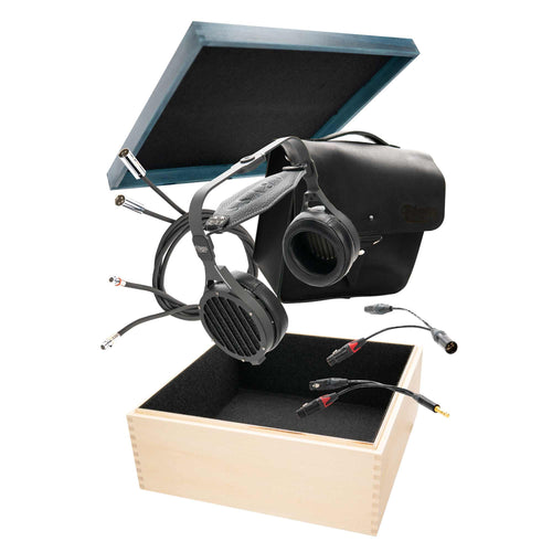 Abyss AB-1266 Phi TC open back headphones with cables and carrying case displayed above a wooden presentation box on white background