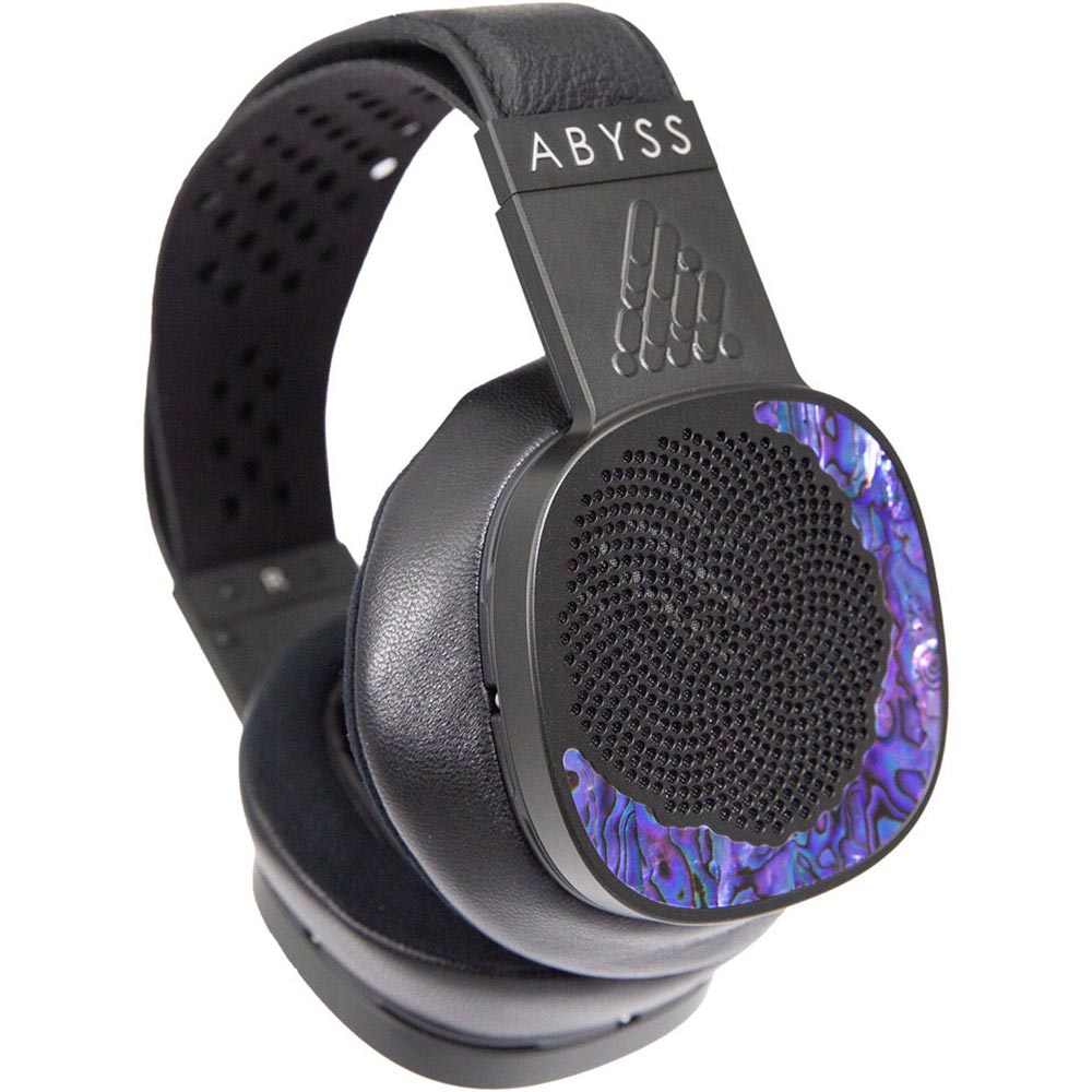 Abyss Diana DZ Planar Magnetic Headphones with black frame and iridescent purple blue accents on ear cups close-up view
