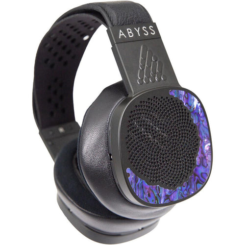 Abyss Diana DZ Planar Magnetic Headphones with black frame and iridescent purple blue accents on ear cups close-up view