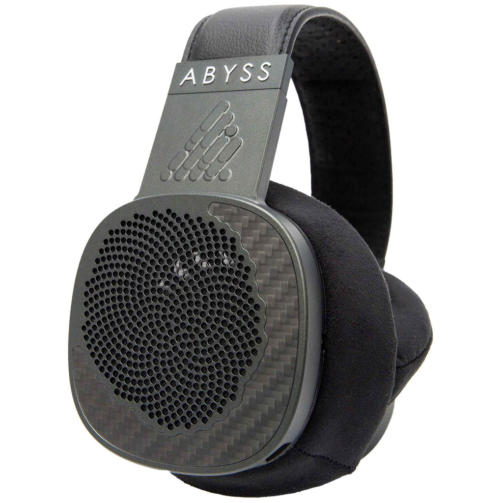 Abyss Diana MR Planar Magnetic Headphones with carbon fiber ear cups and black padded headband on white background