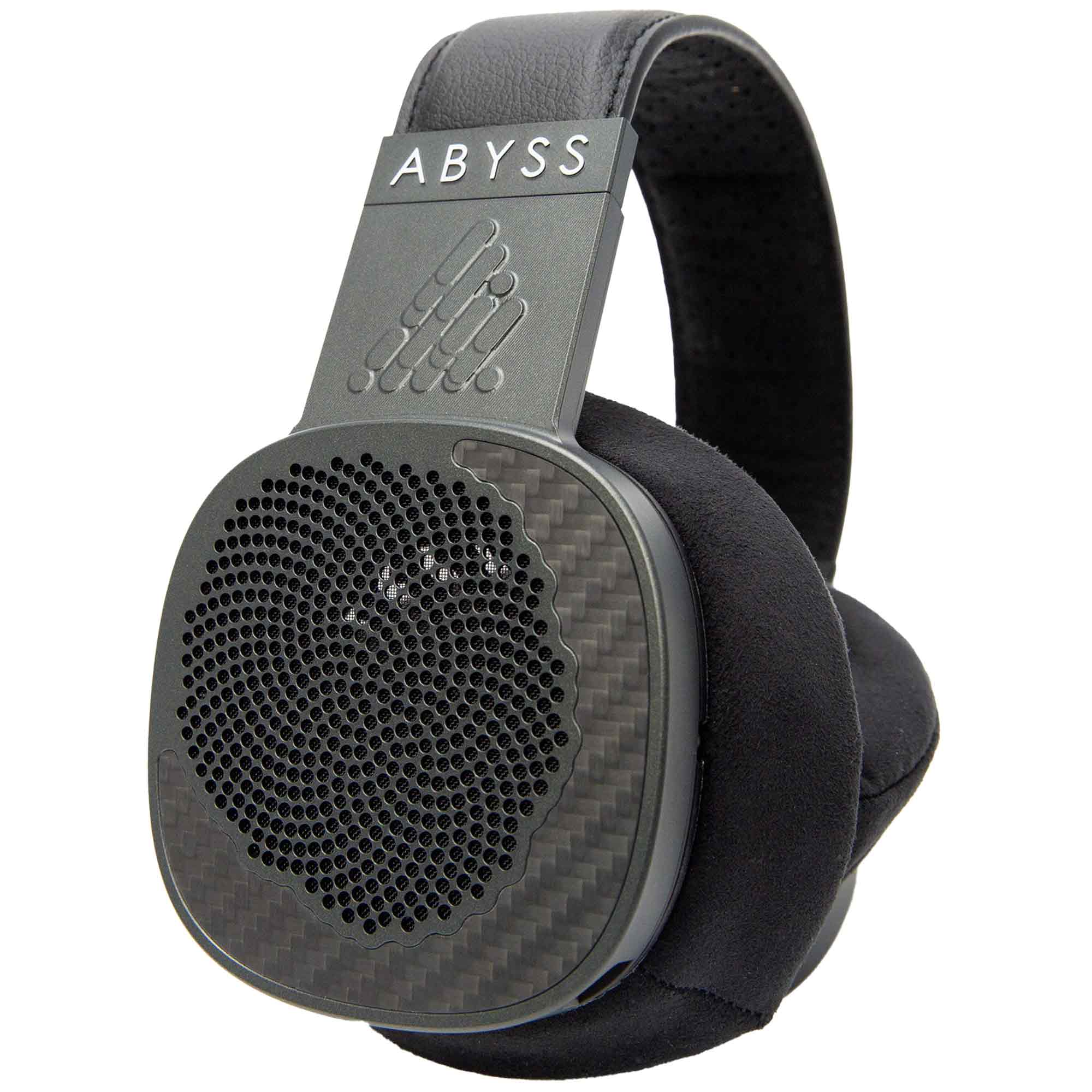 Abyss Diana MR Planar Magnetic Headphones with carbon fiber ear cups and black padded headband on white background