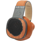 Abyss Diana MR Planar Magnetic Headphones with wood accents and perforated brown leather headband close-up view